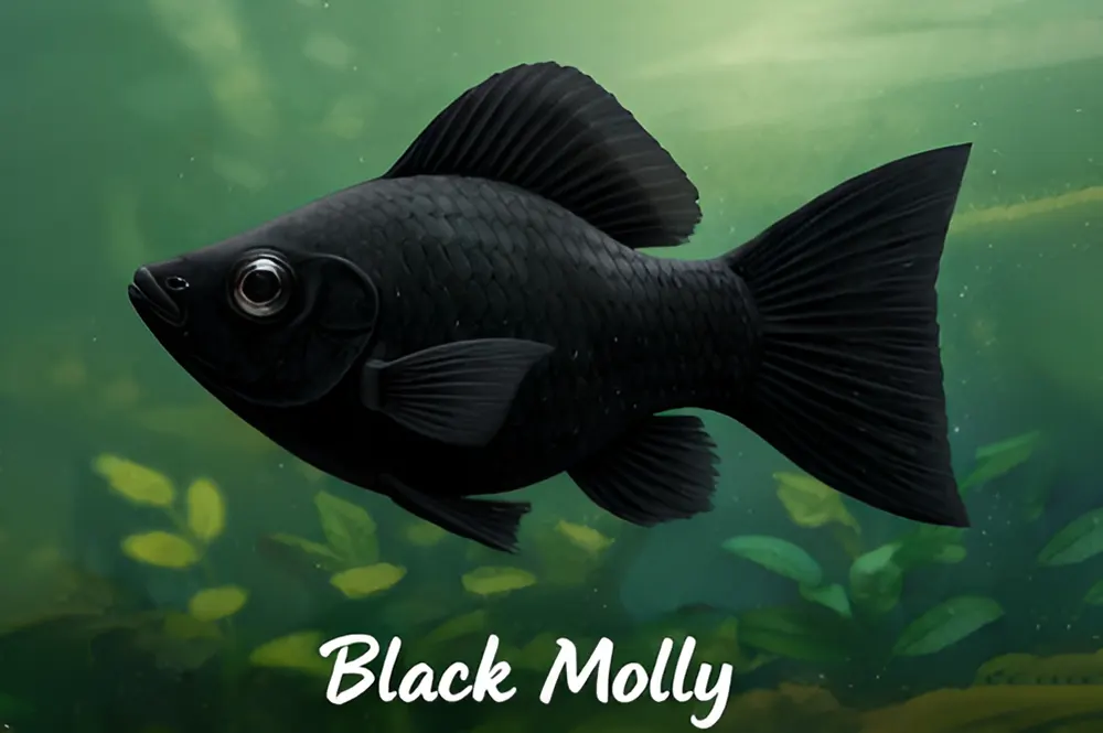 Ikan Molly Black berenang di akuarium dengan tubuh hitam pekat