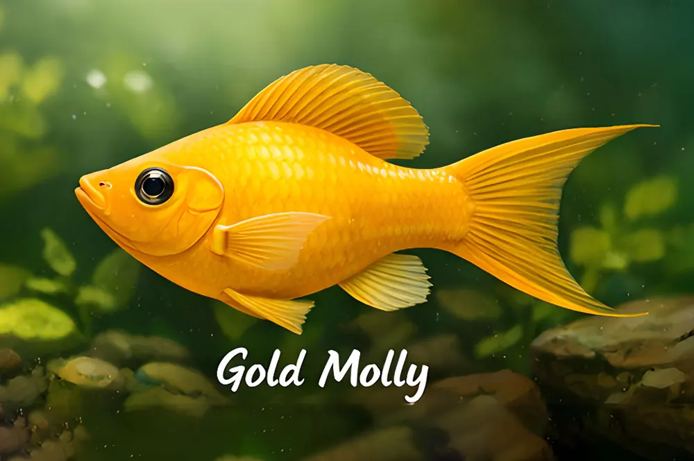 Ikan Molly Gold dengan warna keemasan terang yang bersinar saat berenang di akuarium